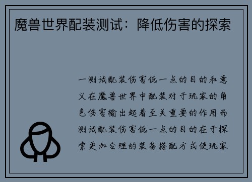 魔兽世界配装测试：降低伤害的探索
